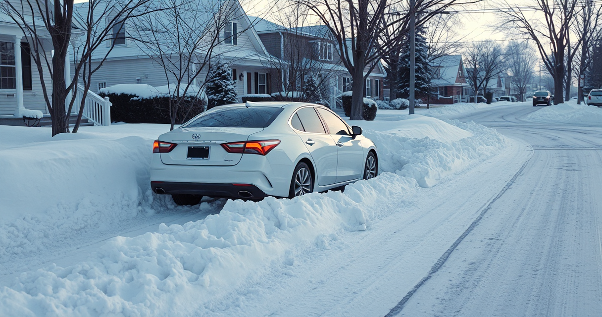 Car dug out of a plow snowbank at a snowy curb