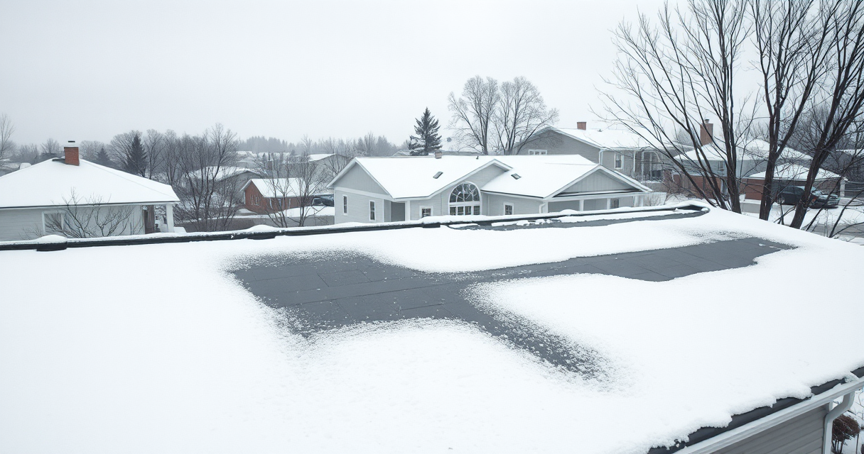 Flat low-slope roof cleared of snow