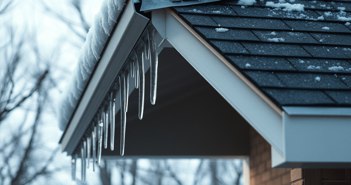 Ice dam forming along a roof eave with thick icicles before professional removal