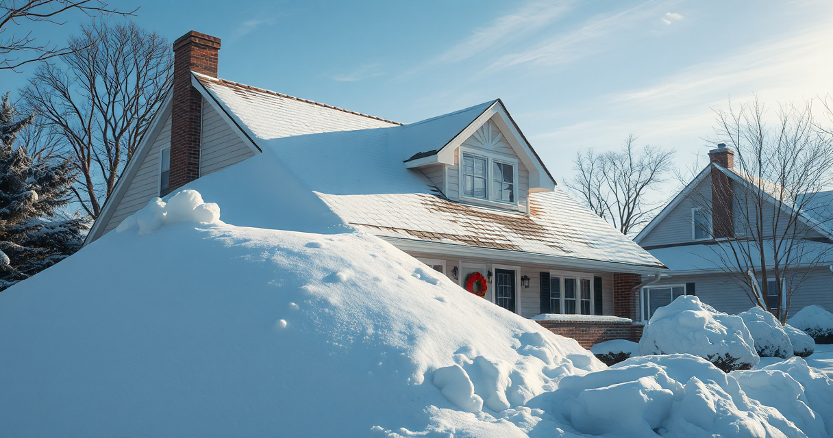 Steep roof mostly cleared of deep snow load