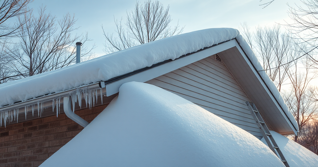 Roof rake clearing heavy snow from the lower courses of a single-story roof from the ground