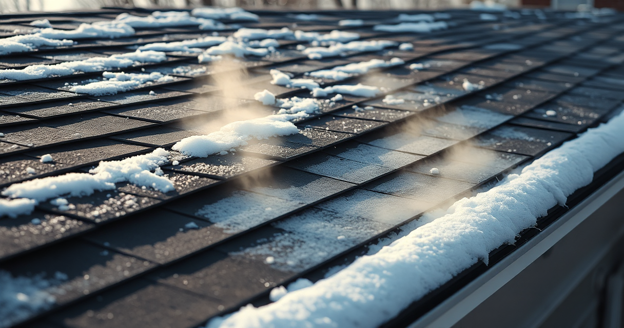 Roof edge with ice dam melted away by steam