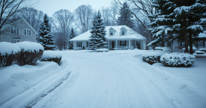Pristine plowed suburban driveway in deep winter
