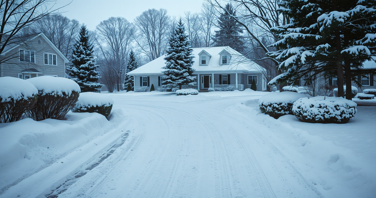 Pristine plowed suburban driveway in deep winter