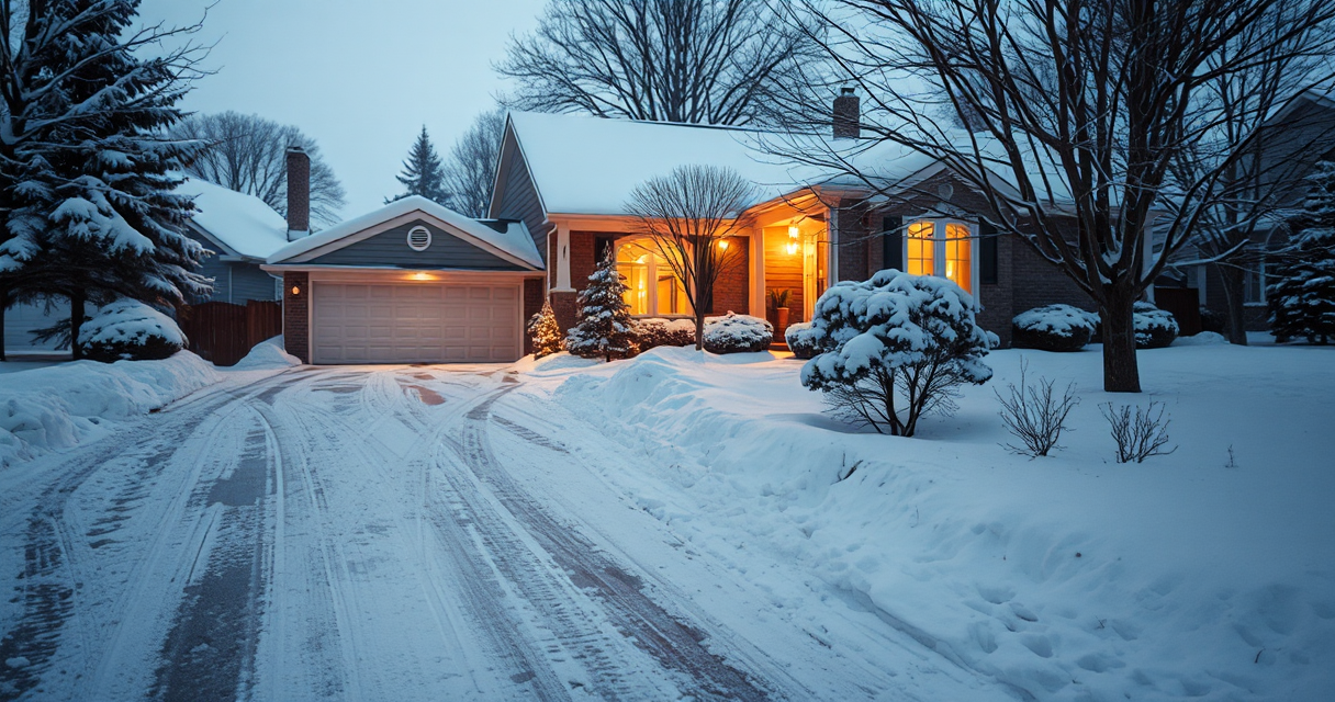 Tidy plowed driveway at a cozy home at dusk