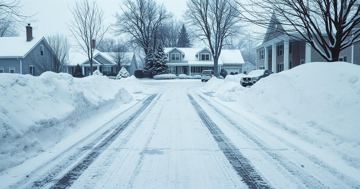 Plowed driveway with very tall season-long snow banks