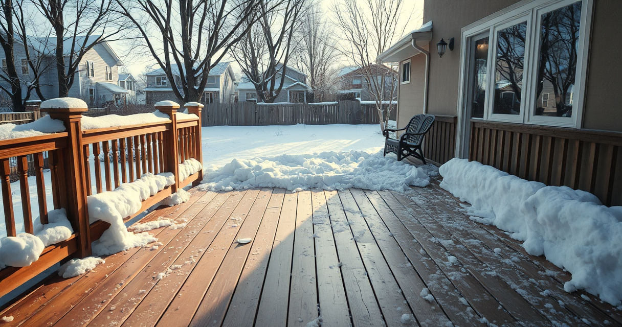 Wooden backyard deck cleared of snow