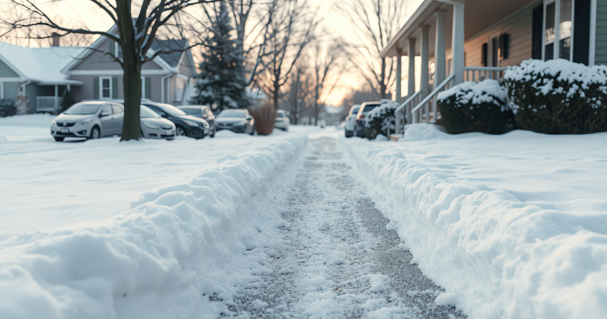 Clean shoveled public sidewalk cut through snow