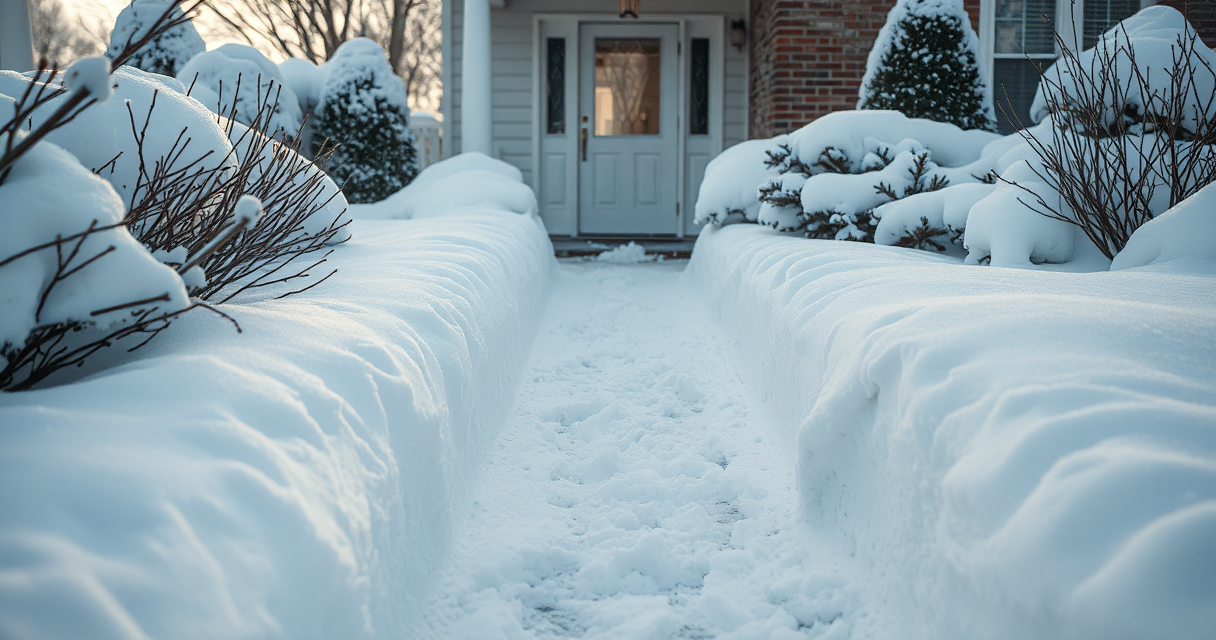 Neatly shoveled front walkway path cut through deep snow
