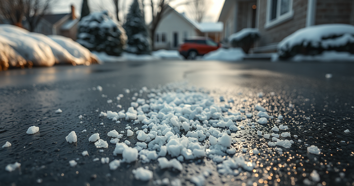 Rock salt granules scattered across a wet clear driveway