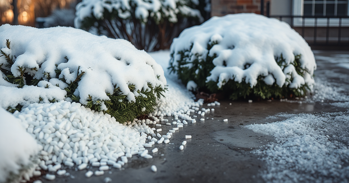 White pet-safe ice melt pellets on a wet walkway