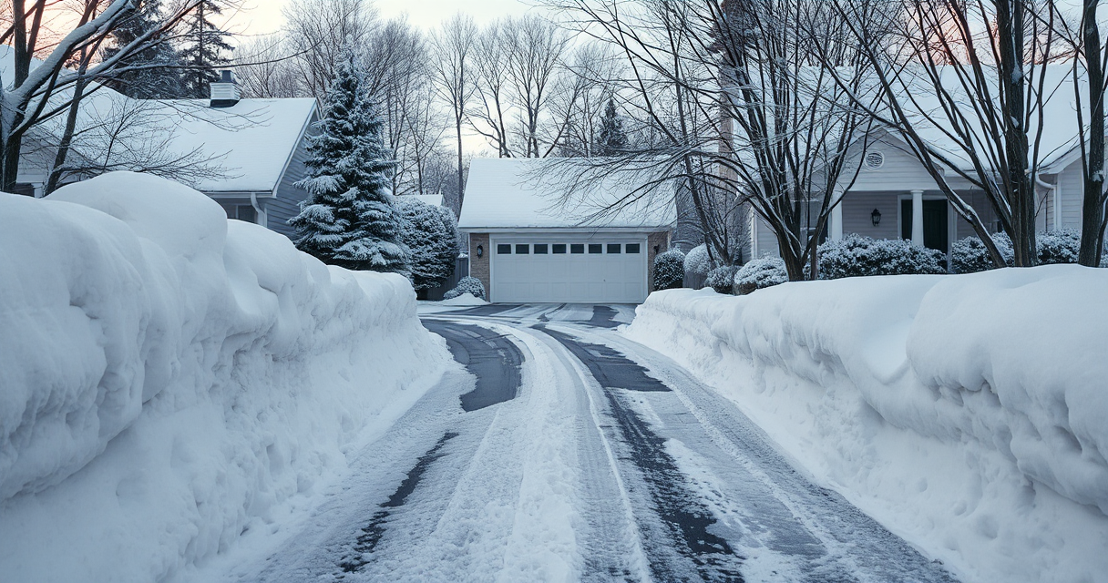 Driveway cleared after a blizzard with tall snow banks