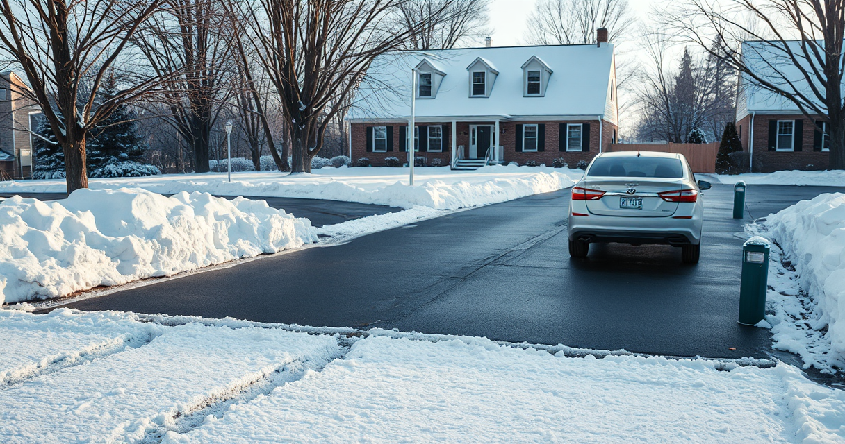 Freshly plowed clean suburban driveway with neat snow banks