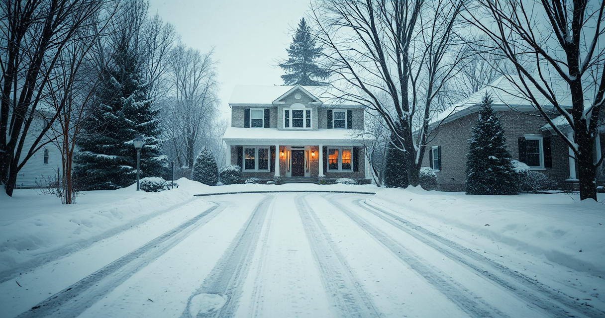 Clean plowed driveway during light snowfall
