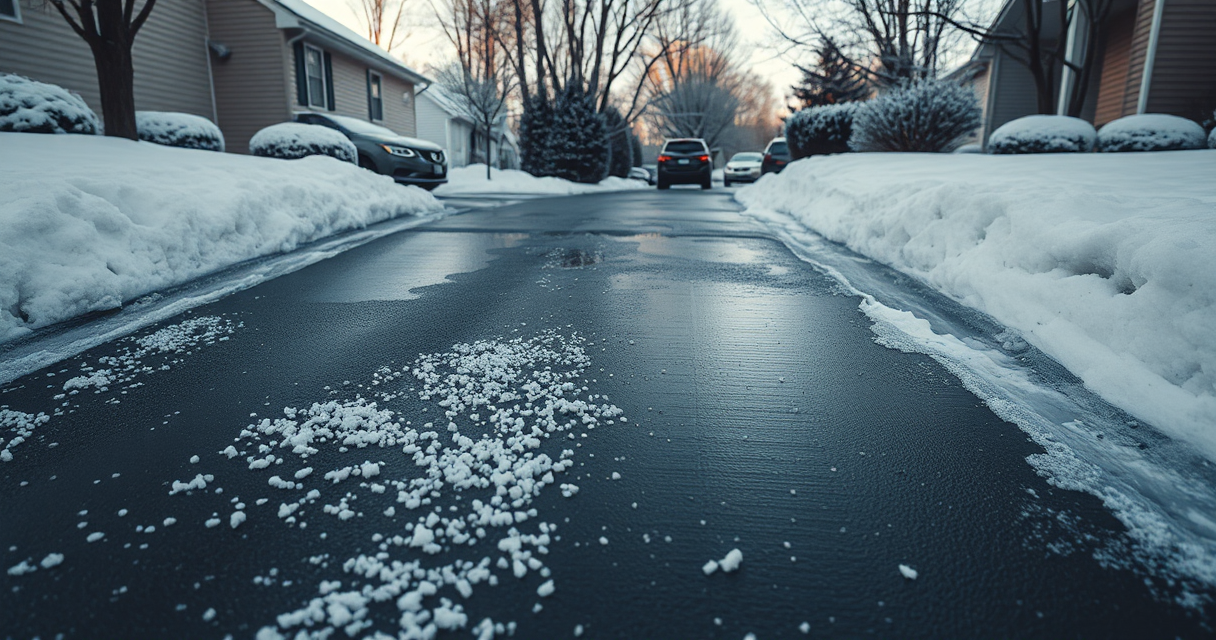 Plowed and salted driveway with salt granules on wet pavement