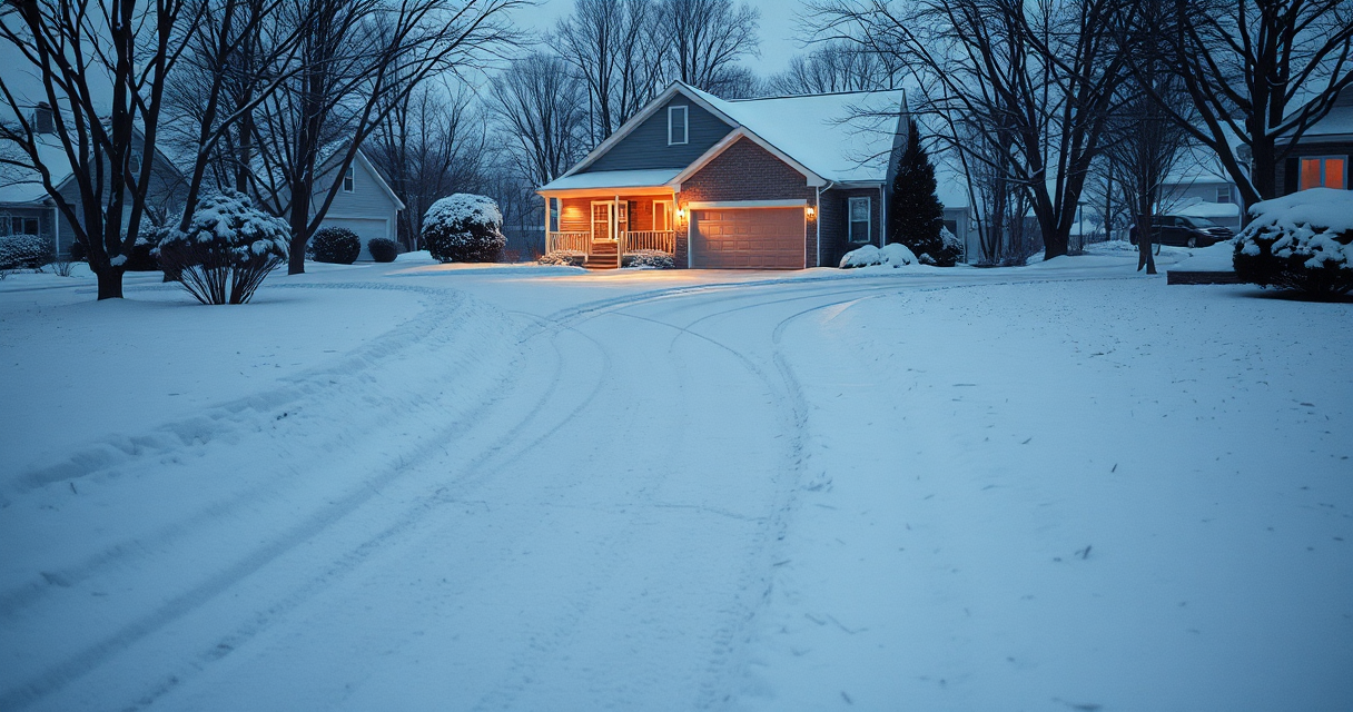 Pristine plowed driveway curving to a garage at dusk