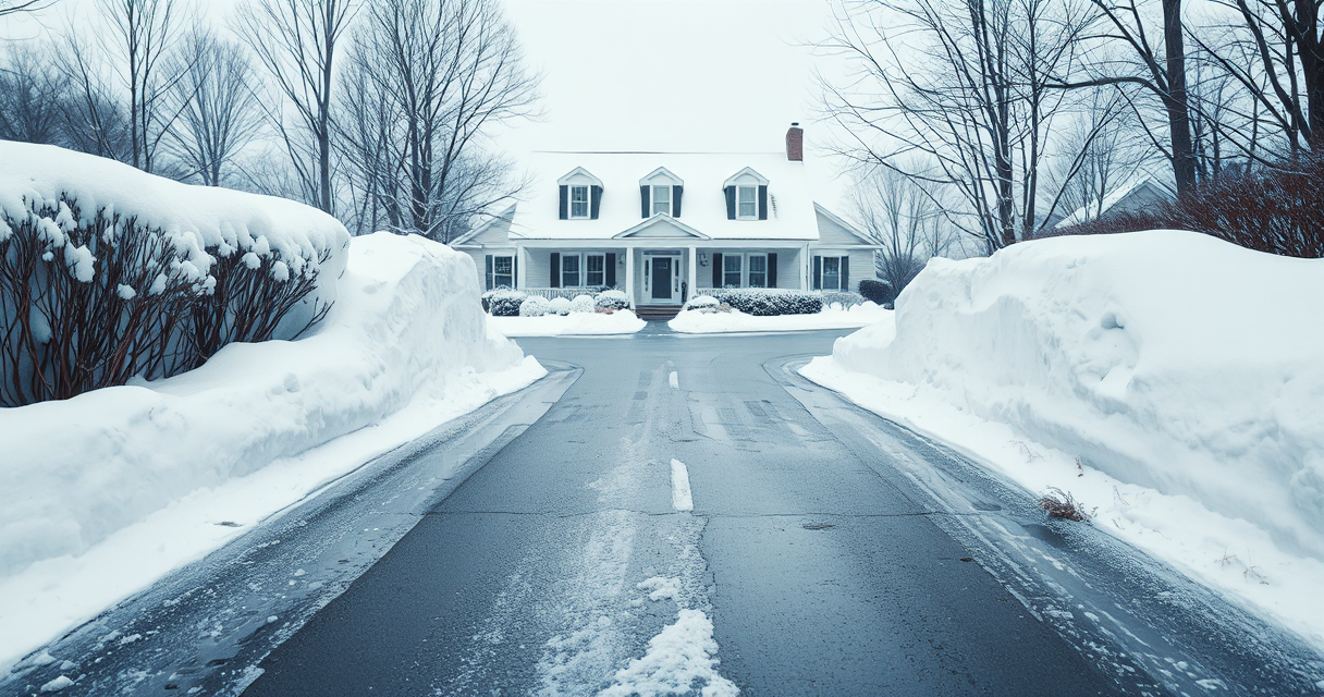 Wide long plowed driveway cleared to the pavement
