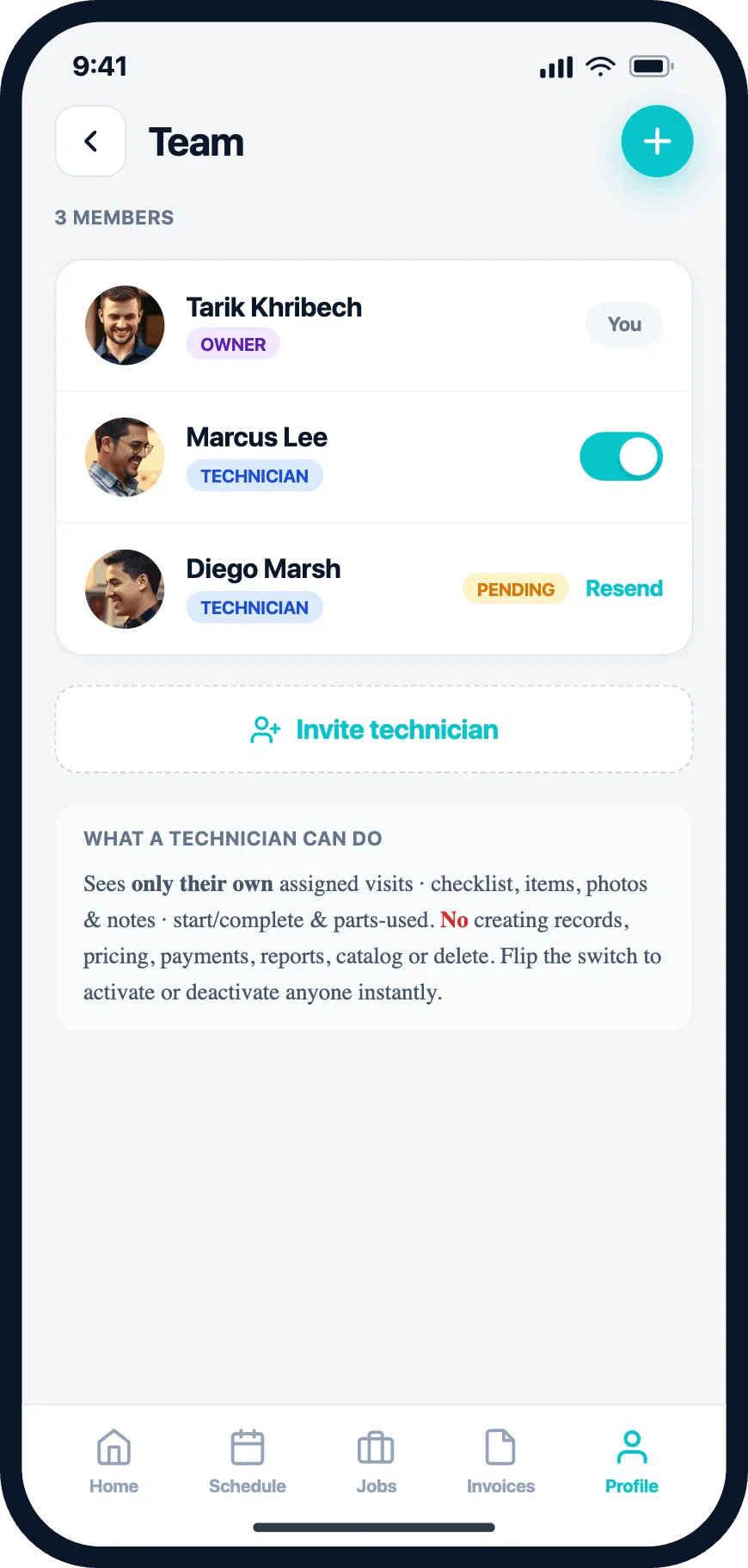 AllBetter Field team screen — invite a tech, technician permissions, activate or deactivate instantly