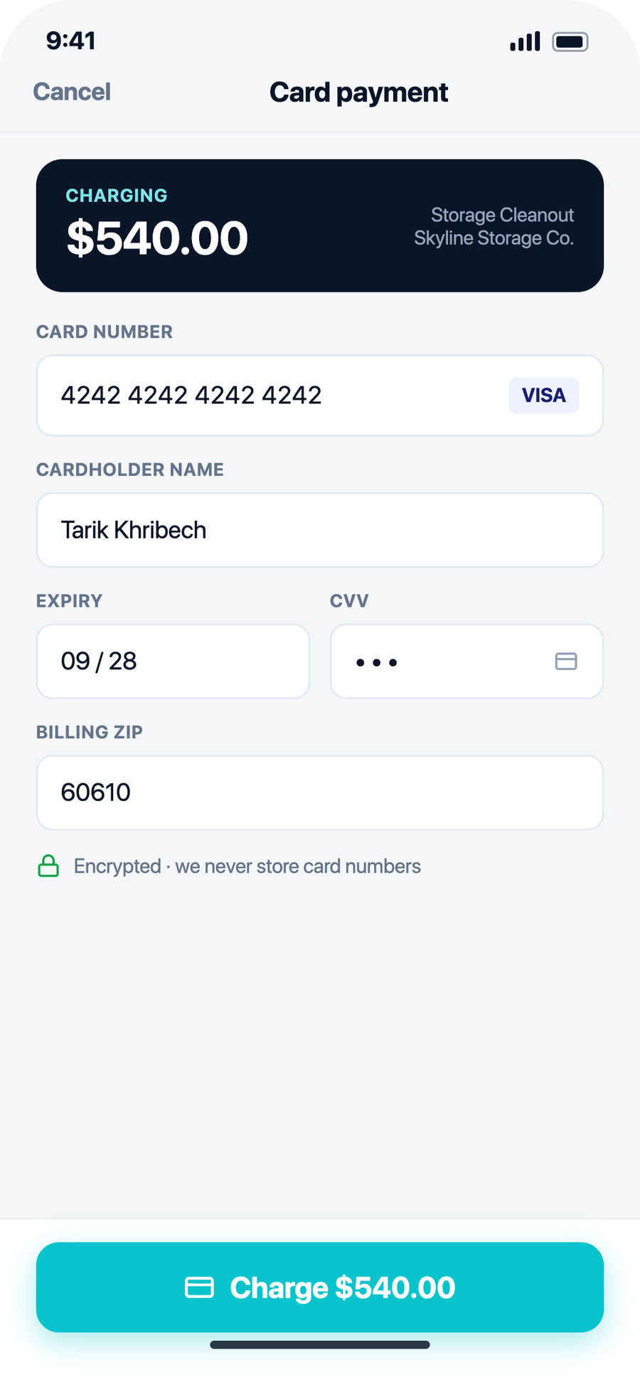 AllBetter Field app — card payment charged on-site