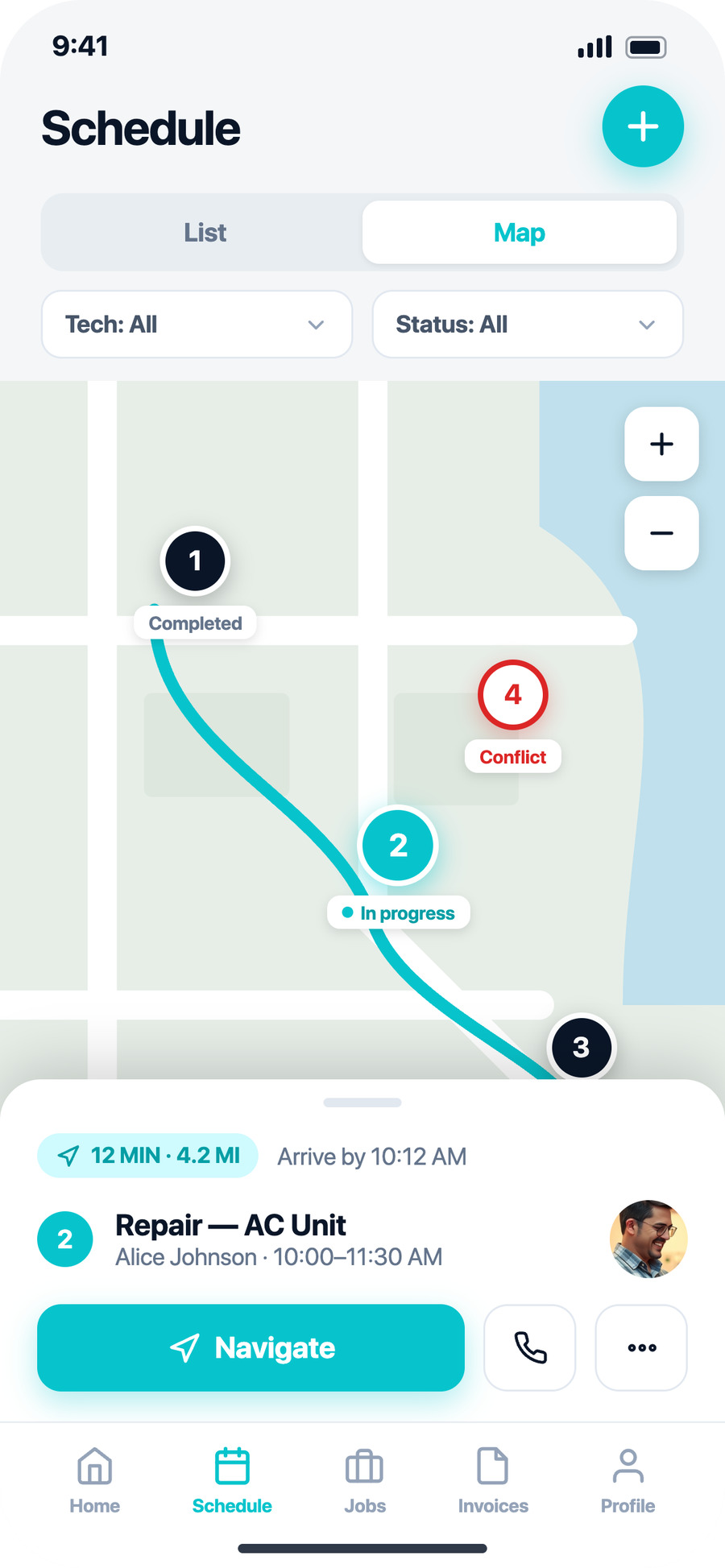 AllBetter Field app — dispatch map with routed stops