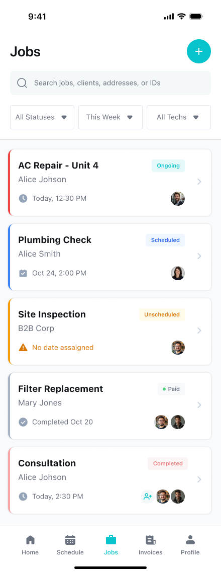 AllBetter Field app jobs dashboard showing scheduled, ongoing and completed jobs with assigned techs