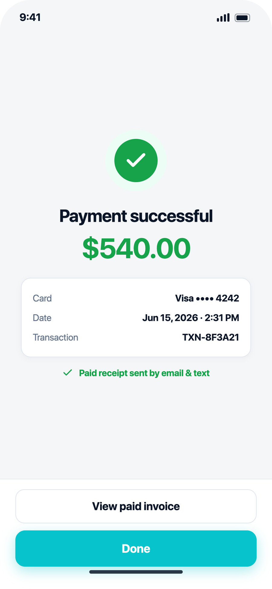 AllBetter Field — payment successful, paid receipt sent by email and text