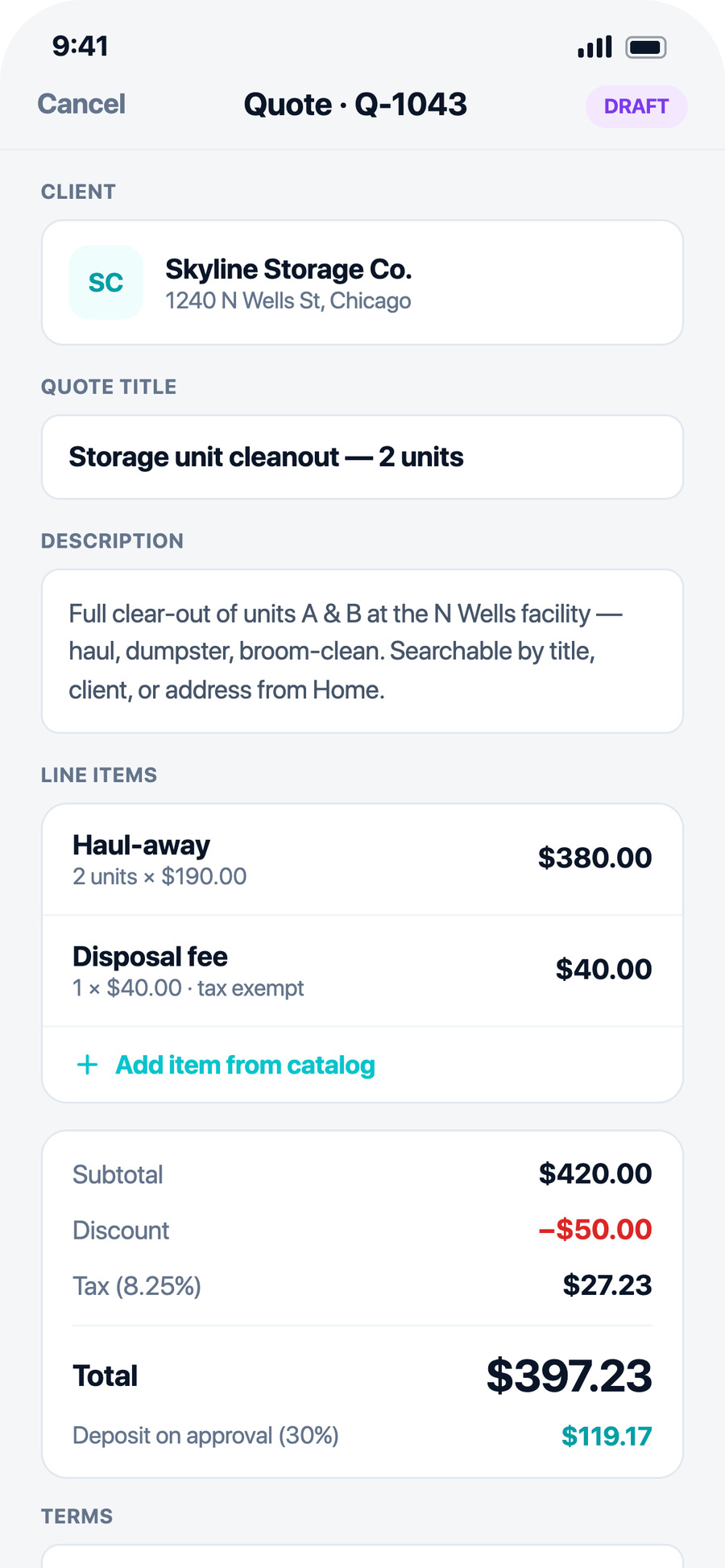 AllBetter Field app — quote builder with line items and total