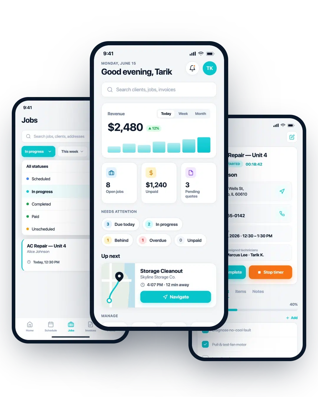 AllBetter Field Starter — jobs list, owner dashboard, and live visit screens