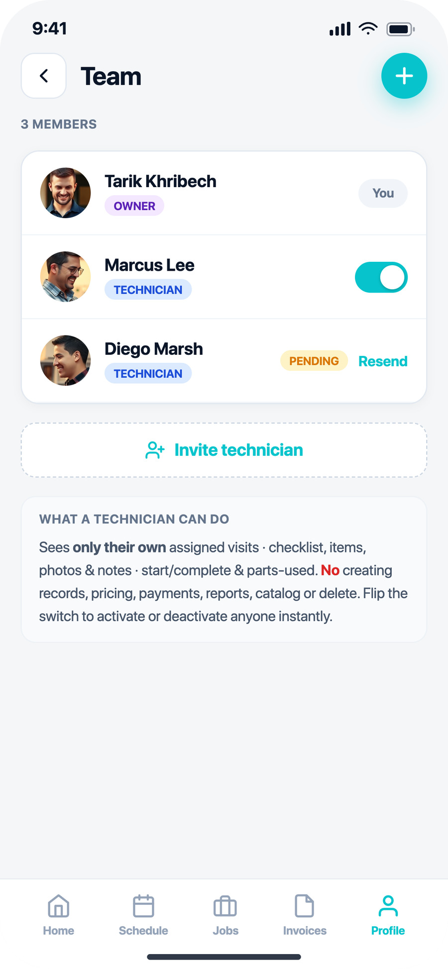 AllBetter Field — team and technician management with active status
