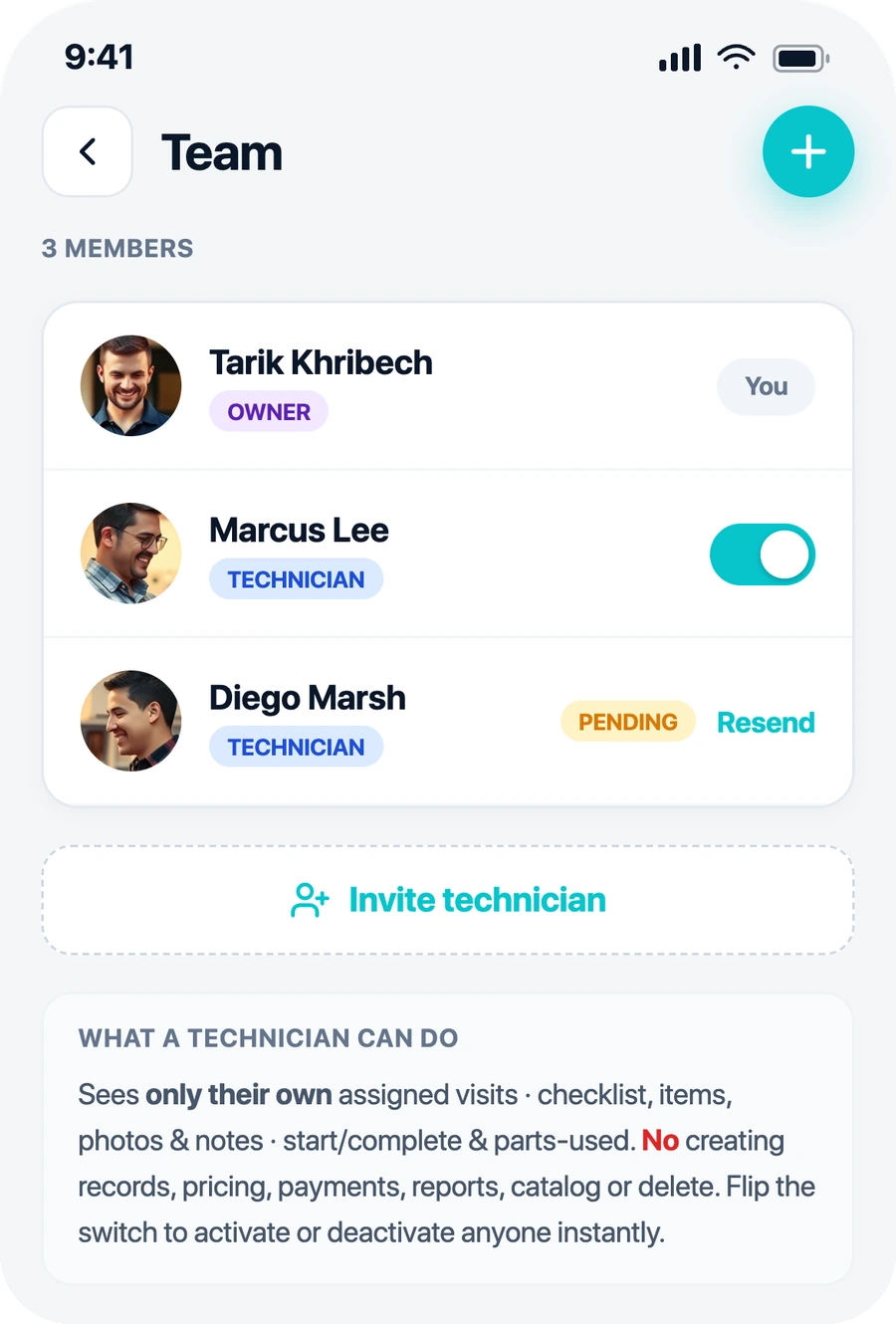 AllBetter Field team screen — invite a tech, technician permissions, activate or deactivate instantly