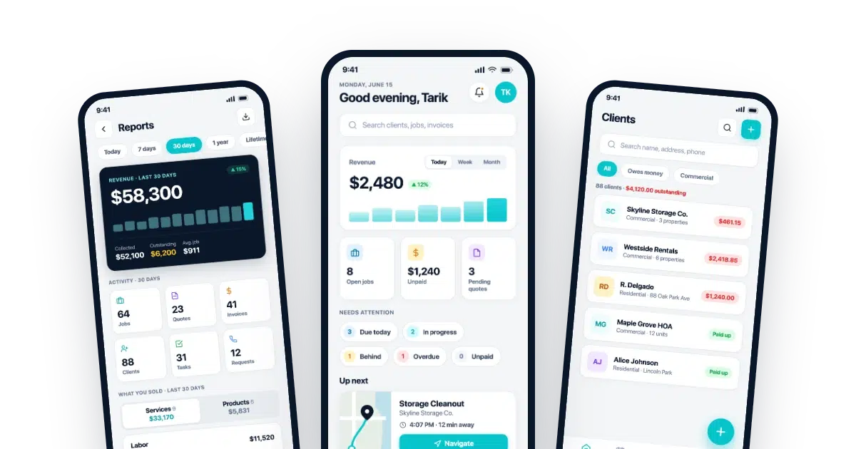 AllBetter Field mobile dashboard for HVAC techs — today's revenue, open jobs, overdue invoices, one-tap job start
