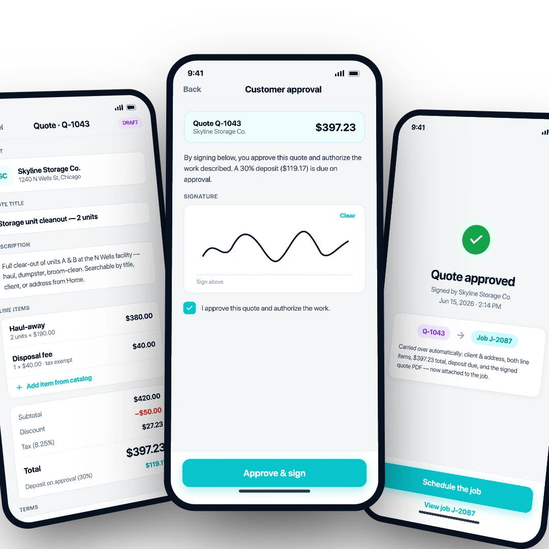 AllBetter Field — quote built on the phone, customer signs, approved quote becomes a job