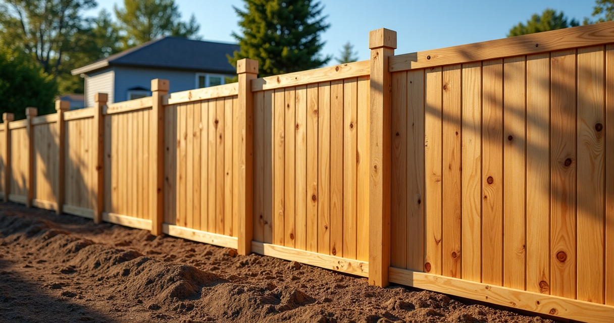 Newly installed wooden privacy fence run in a clean backyard