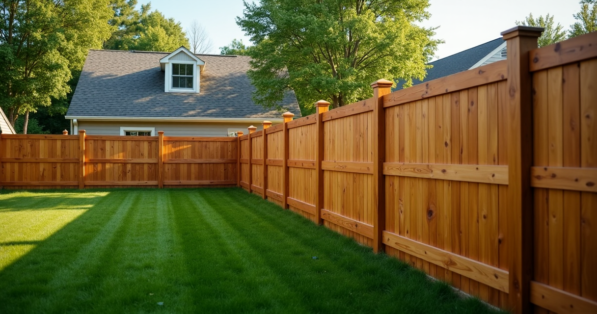 Straightened wooden fence line running level across a backyard