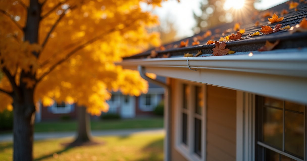 Clean gutters on a house surrounded by autumn trees