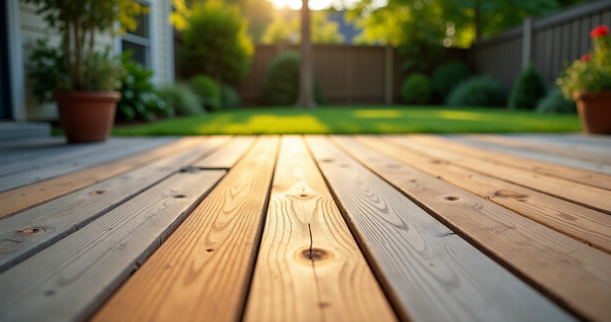 Wooden deck boards half restored to fresh grain by washing