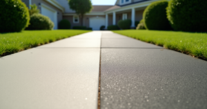 Concrete driveway half cleaned showing dramatic before and after stripe