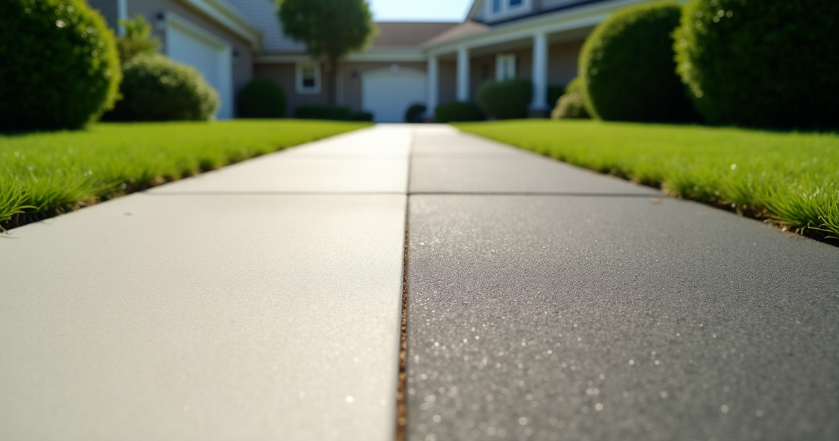 Concrete driveway half cleaned showing dramatic before and after stripe