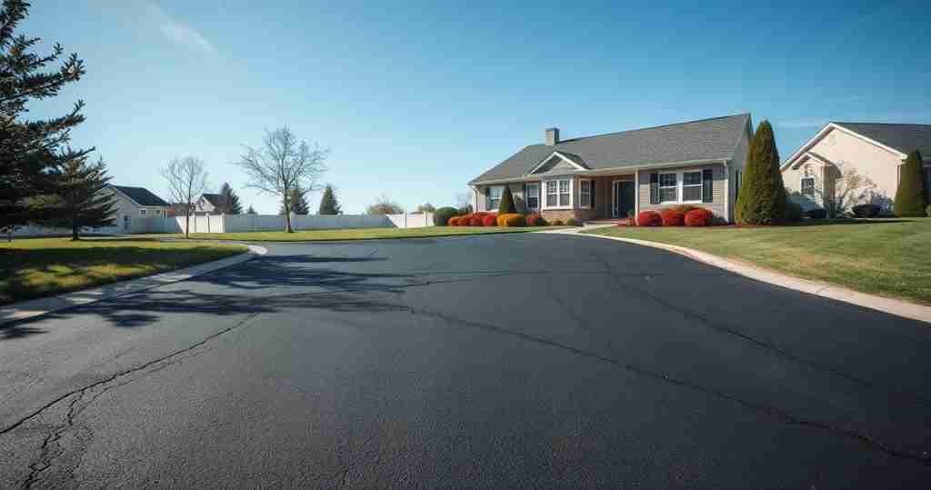 Freshly paved smooth black asphalt driveway leading to a suburban home