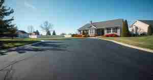 Freshly paved smooth black asphalt driveway leading to a suburban home