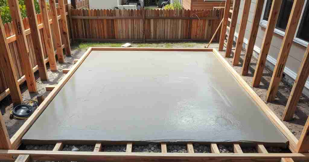 Freshly poured smooth concrete slab with wooden forms