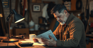 Contractor reviewing a stack of unpaid invoices at his workbench in the evening