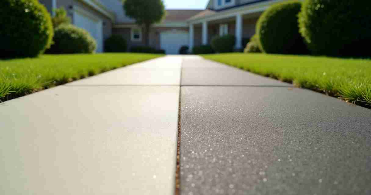 Paving crew compacting fresh hot mix asphalt on a residential driveway with a roller
