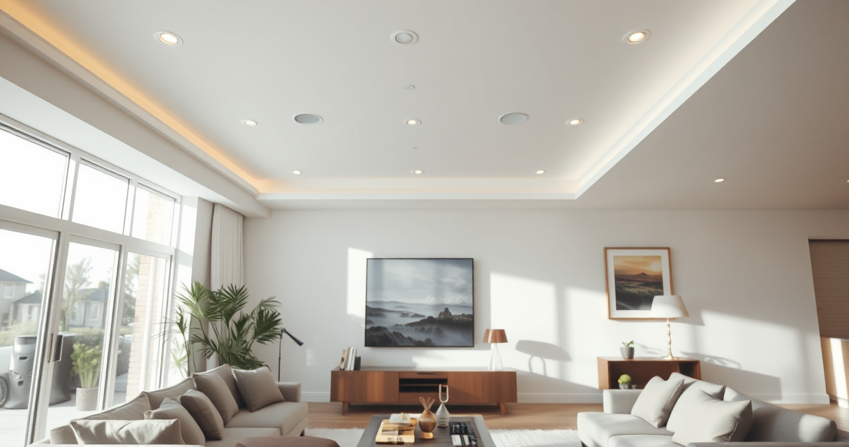 Smooth repaired ceiling with recessed lights in a living room