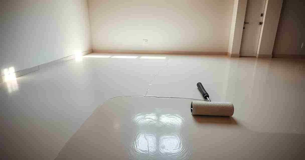 Fresh epoxy coating being rolled onto a concrete floor
