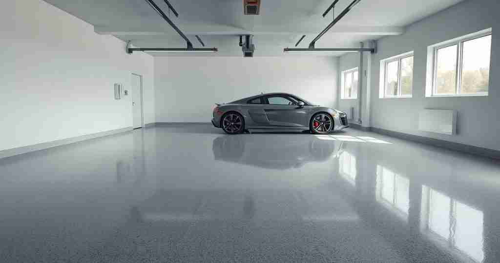 Glossy epoxy-coated garage floor with decorative color flakes