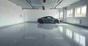 Glossy epoxy-coated garage floor with decorative color flakes