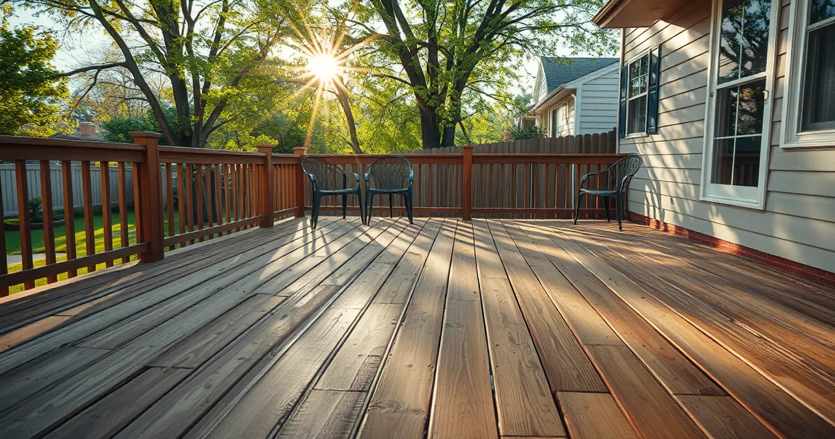 Wooden deck with fresh replacement boards blending into the weathered ones