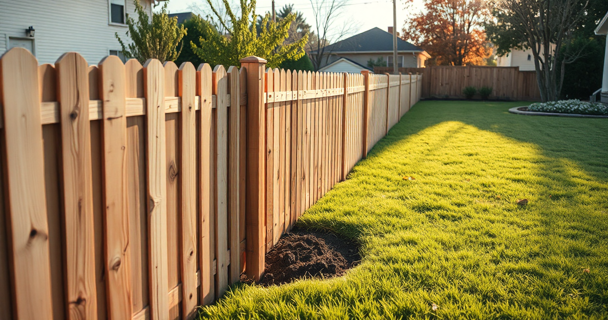 Sturdy repaired wooden fence with a new post set straight in a green backyard