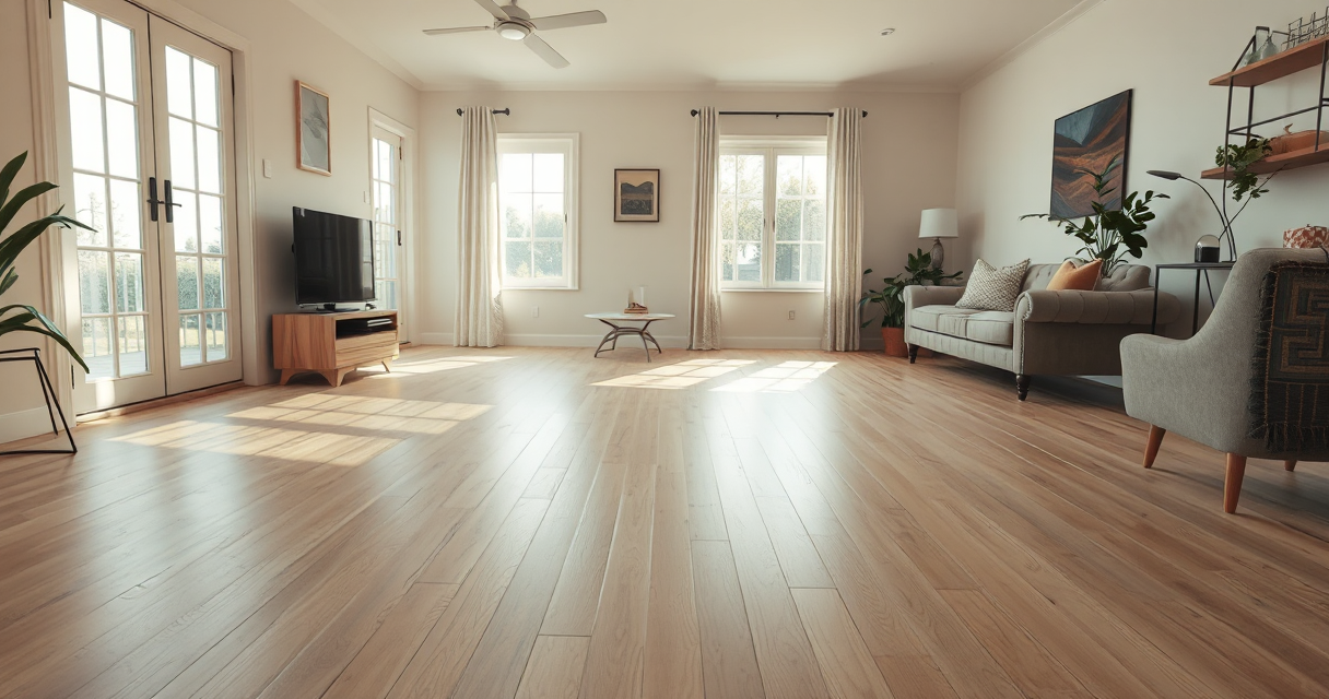Vinyl plank floor with a seamless repaired patch in a bright living room
